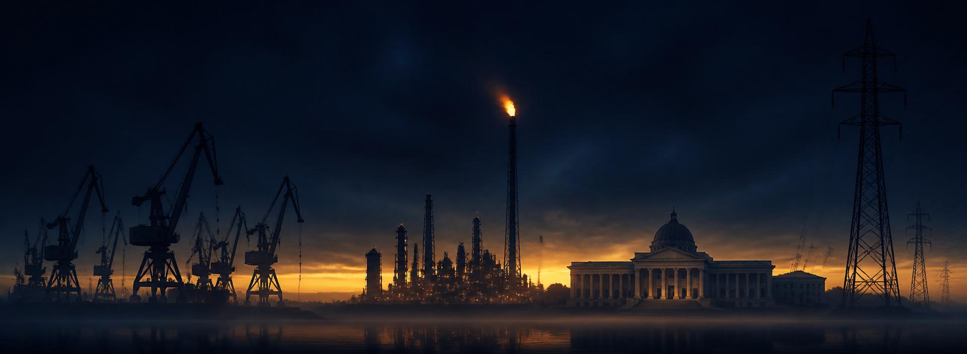 Critical infrastructure skyline: ports, refinery, government colonnade and transmission tower at blue hour
