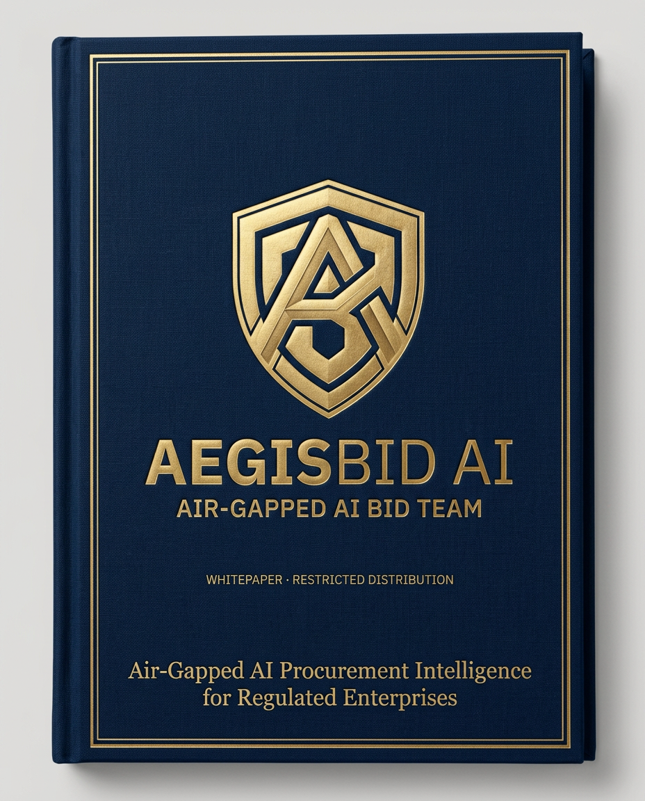 AegisBid AI whitepaper, navy linen cover with gold shield monogram